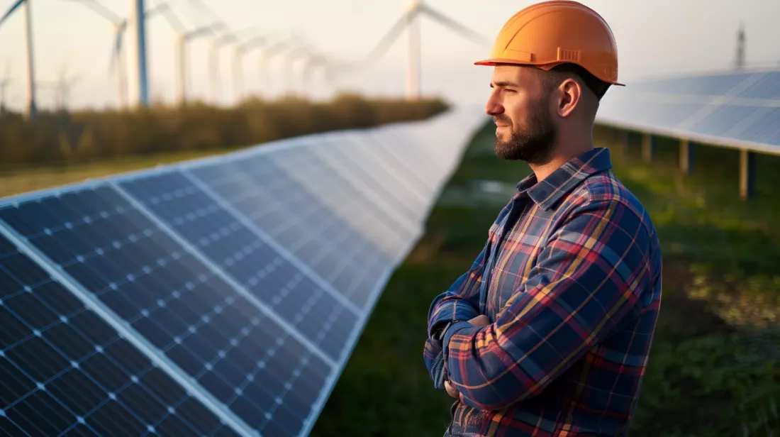 Engineer checking solar panels and wind turbines at an energy site