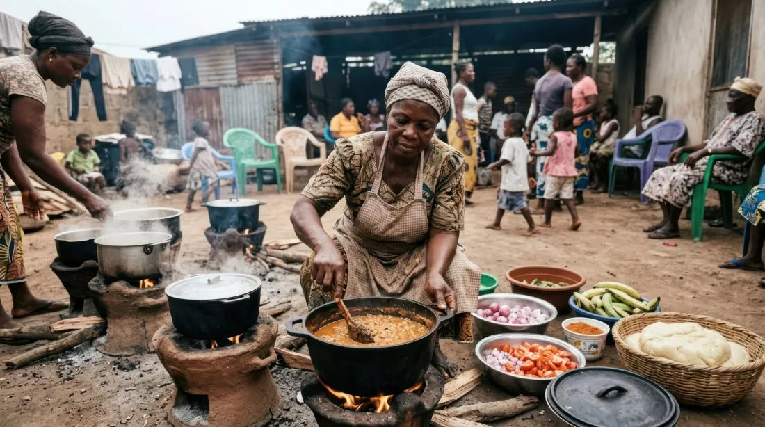 Women cooking meals in pots outdoors