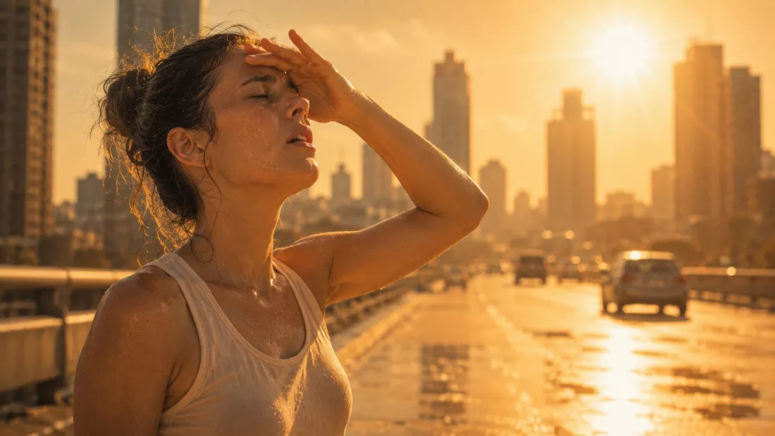 A woman wipes her forehead during a heatwave in the city