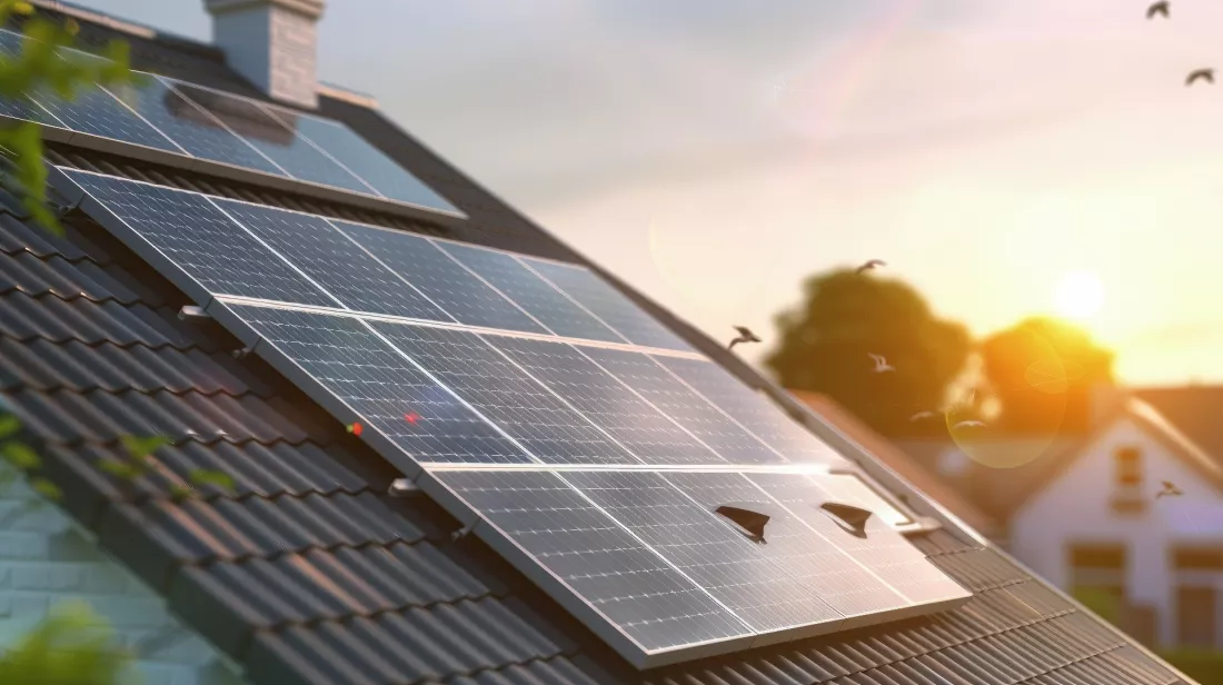 Solar panels on a roof in bright sunshine